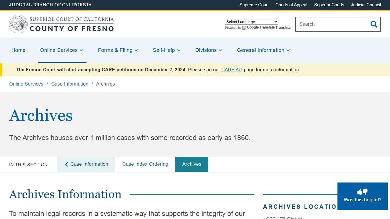 Archives Superior Court of California County of Fresno